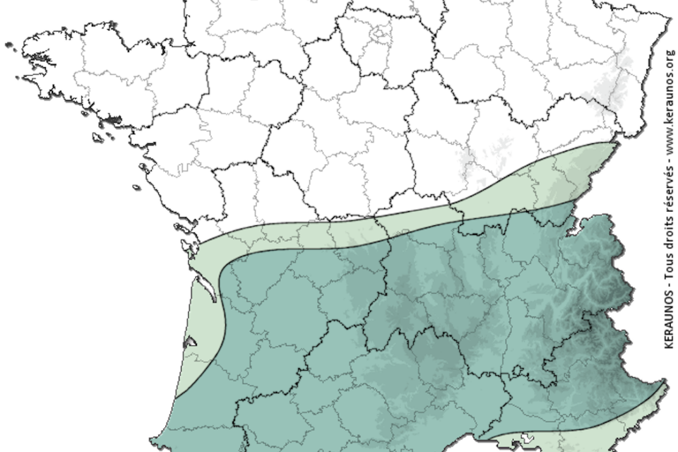 Le risque orageux sera surtout bien pluvieux localement sur le sud de la France avec un risque de cumuls ponctuellement importants en peu de temps et d'un peu de grêle.