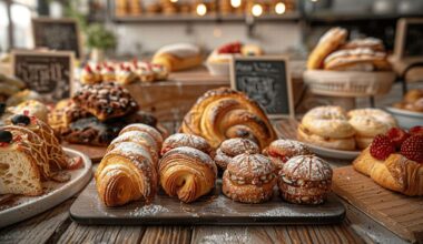 Divers croissants, pains et pâtisseries saupoudrés de sucre