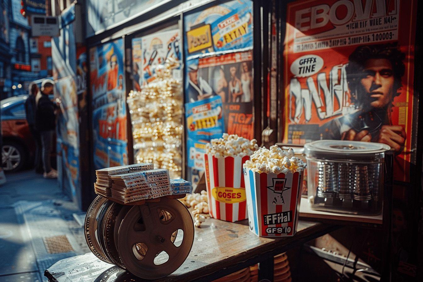 Une vitrine de magasin remplie de vieux films, de boîtes de pop-corn et de machines de projection