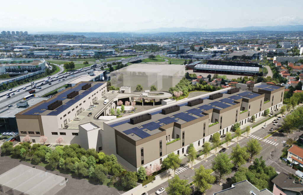 Le futur parc d’activité avec l’actuelle cheminée de l’ancienne usine. (© Agence franc architecture )
