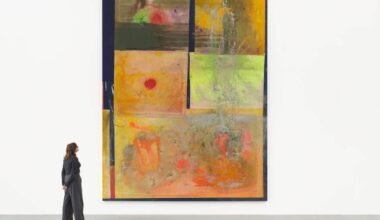 Vue de l’exposition consacrée à Frank Bowling à la Bourse de Commerce. Ici le collage Skid, mesurant 4,4 mètres de hauteur