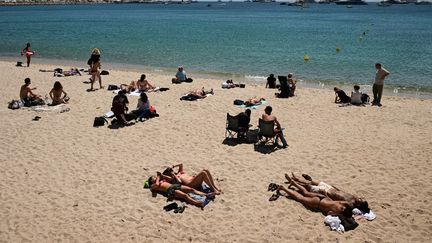 Sur la plage à Cannes (Alpes-Maritimes), le 17 mai 2025. (MIGUEL MEDINA / AFP)