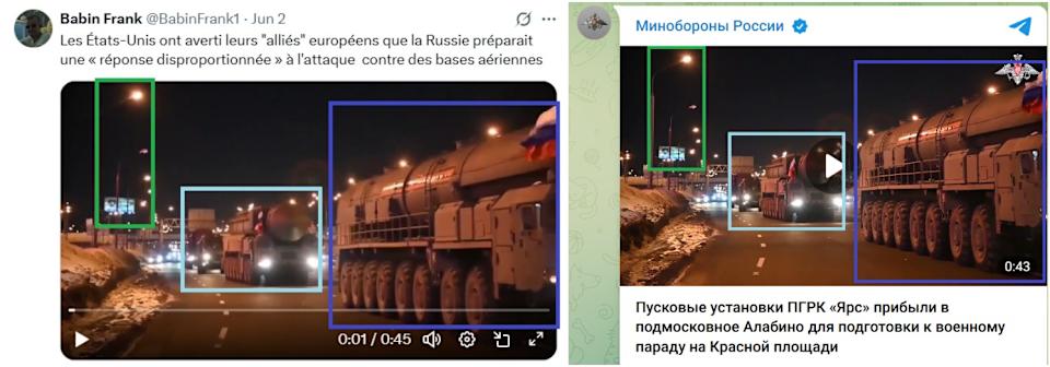 <span>Comparaison entre les images devenues récemment virales sur les réseaux sociaux (à gauche) et celles diffusées en février 2024 par le ministère russe de la Défense (à droite). Les encadrés colorés ont été ajoutés par l'AFP.</span>