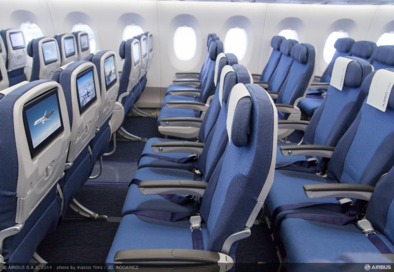 La classe éco de la cabine d'un A350-900. (Photo : Airbus)