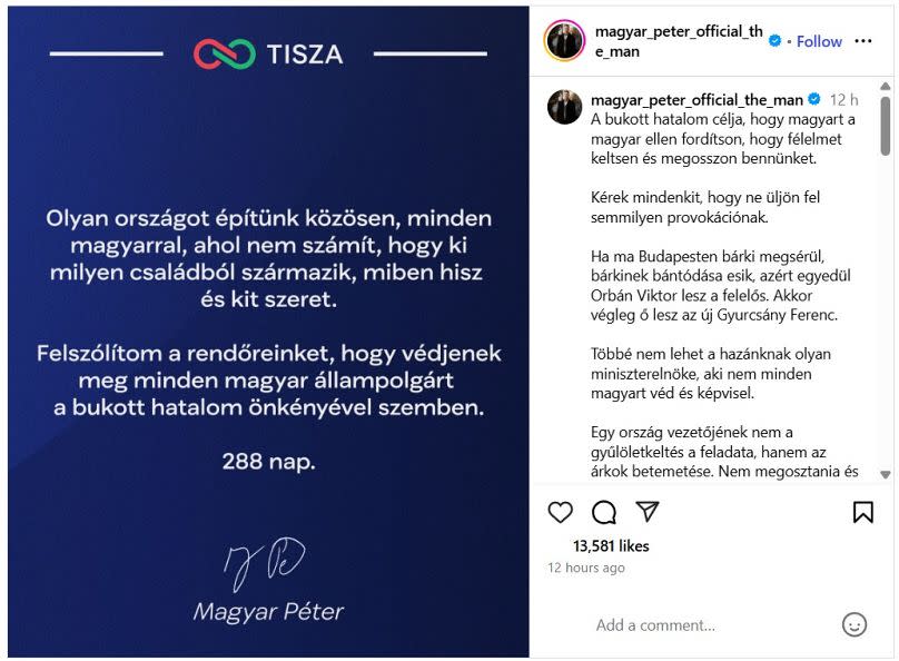 Le post de Péter Magyar sur Instagram