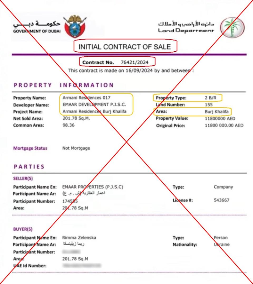 <span>Capture d'écran prise le 24/06/2025 du faux contrat affiché dans les publications virales. Croix et encadrés rouges et jaunes ajoutés par l'AFP.</span>