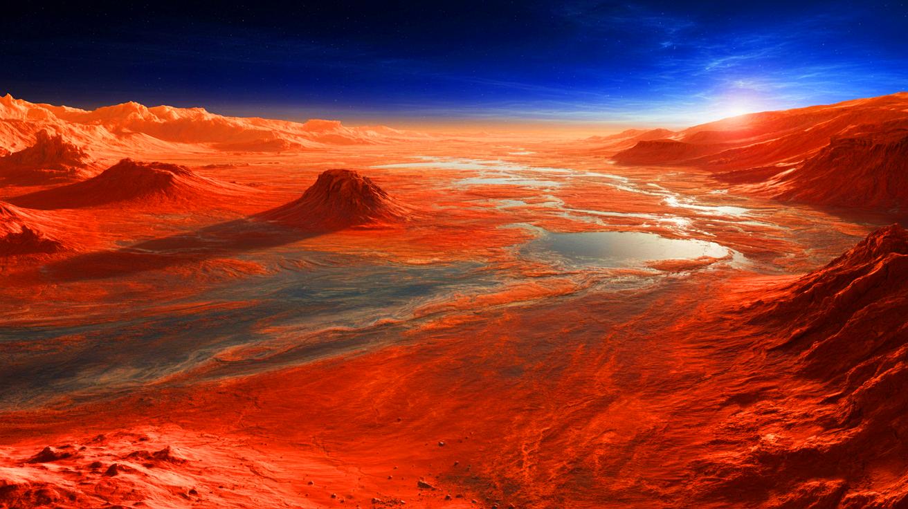 Illustration de l'ancien environnement martien avec de l'eau liquide et une atmosphère plus épaisse. Image réalisée par IA.