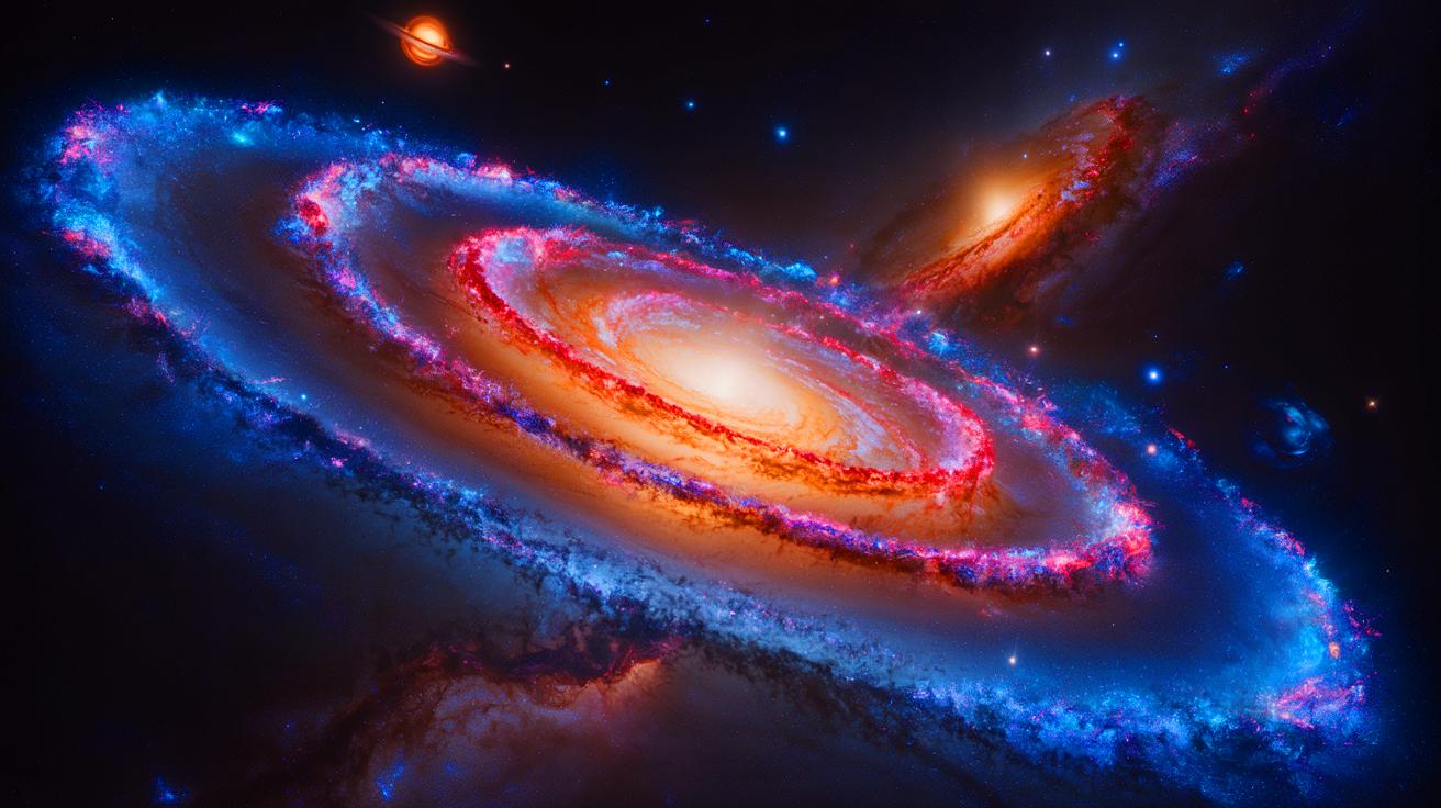 Illustration de la galaxie spirale géante "Grande Roue" découverte dans l'Univers primitif. Image réalisée par IA.