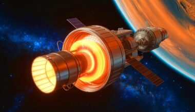 Illustration de la propulsion nucléaire thermique avec uranium liquide en rotation pour l'exploration spatiale. Image réalisée par IA.