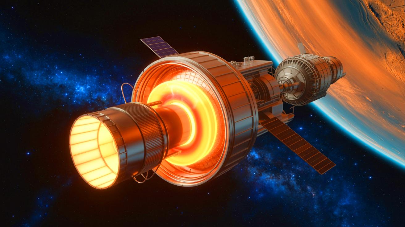 Illustration de la propulsion nucléaire thermique avec uranium liquide en rotation pour l'exploration spatiale. Image réalisée par IA.