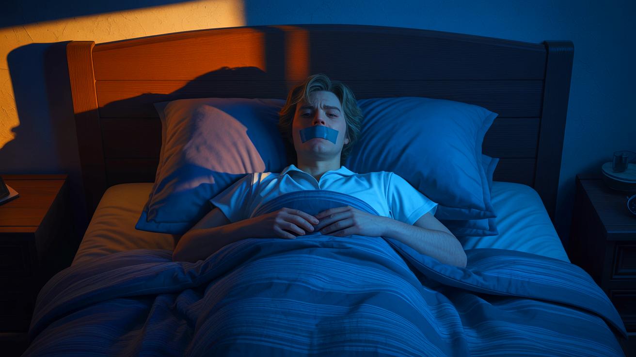Illustration de la pratique controversée du "mouth taping" pour améliorer le sommeil. Image réalisée par IA.