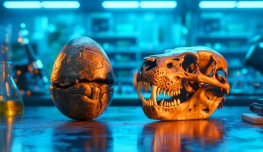 Illustration de l'œuf de dinosaure Hadrosaure et du crâne de Grand Castor étudiés par CT scan. Image réalisée par IA.