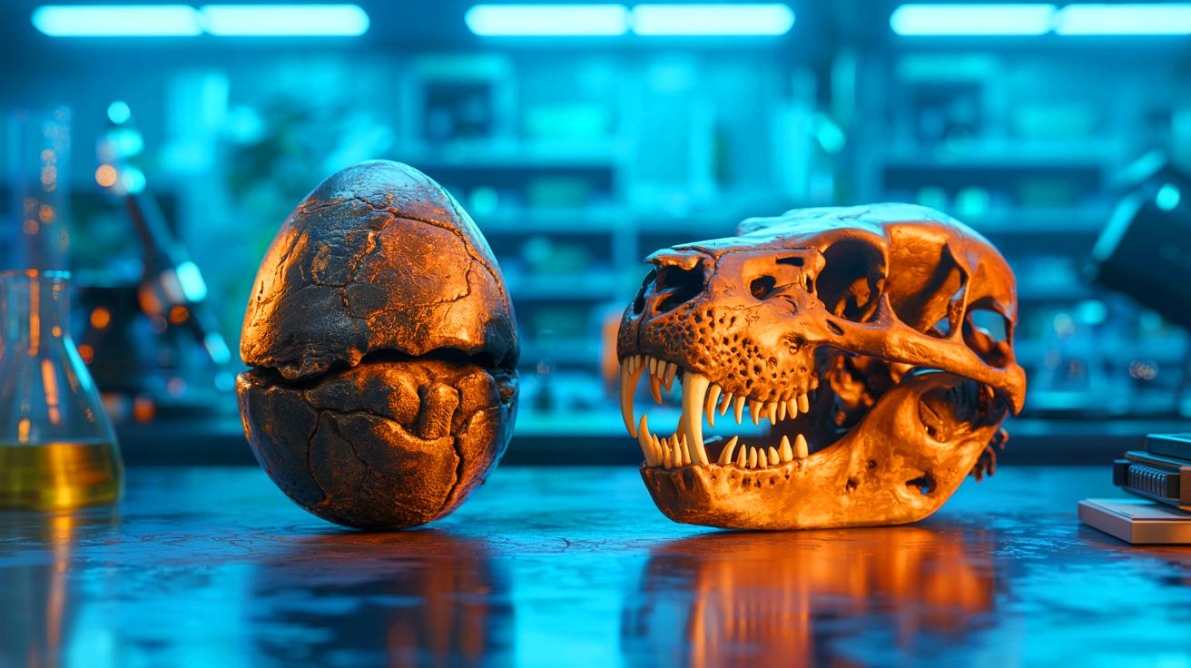 Illustration de l'œuf de dinosaure Hadrosaure et du crâne de Grand Castor étudiés par CT scan. Image réalisée par IA.