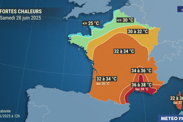 Températures prévues samedi 28 juin 2025. (© Météo France)
