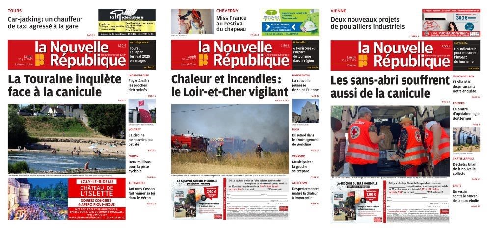 Les unes de La Nouvelle République de l’Indre-et-Loire, du Loir-et-Cher et de la Vienne.