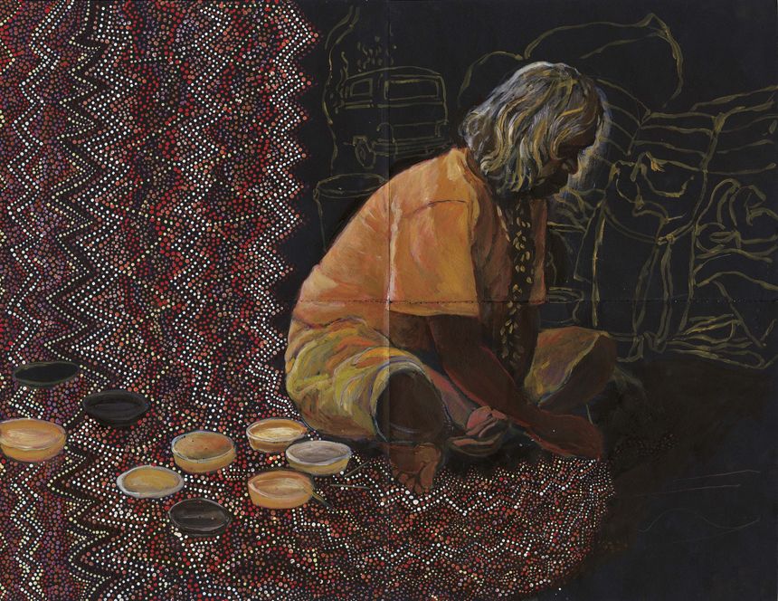 Portrait « spirituel » de Pansy, Atelier d’Alice Spring, Papunya, Australie, Œuvre à quatre mains, gouache et acrylique sur papier.