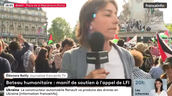 La journaliste Éléonore Bailly a été agressée en plein direct lors d’un rassemblement en soutien à la « Flotille de la liberté » le 9 juin à Paris, place de la République.