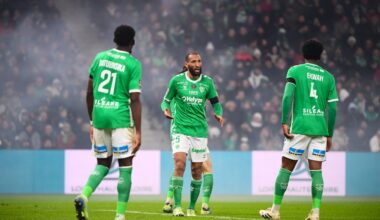 Yunis ABDELHAMID of ASSE and Pierre EKWAH of Saint-Etienne during the Ligue 1 McDonald's match between Saint Etienne and Marseille at Stade Geoffroy-Guichard on December 8, 2024 in Saint-Etienne, France. (Photo by Philippe Lecoeur/FEP/Icon Sport) - Photo by Icon Sport