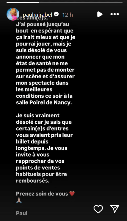 "Je suis désolé", Paul Mirabel fait annuler son spectacle : son état de santé inquiète