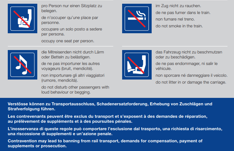 Affiche informative de sécurité ferroviaire en français et allemand indiquant des règles comme l’interdiction de fumer dans le train et ne pas encombrer les sièges.