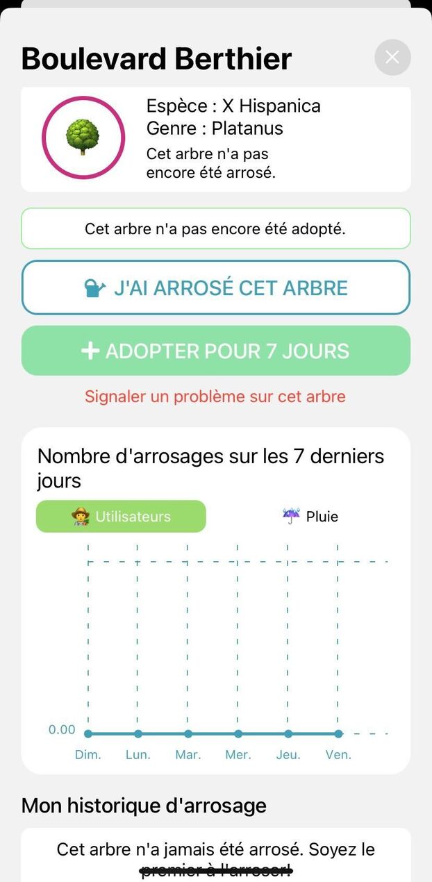 Pour chaque arbre, l'application indique, grâce aux contributions des utilisateurs, s'il a été arrosé et quand. Capture d'écran Arbogeste
