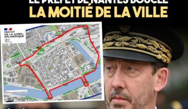 Le préfet de Nantes Fabrice Rigoulet-Roze avec, à côté, une carte de la zone interdite dans le centre-ville.