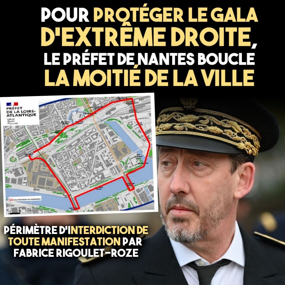 Le préfet de Nantes Fabrice Rigoulet-Roze avec, à côté, une carte de la zone interdite dans le centre-ville.