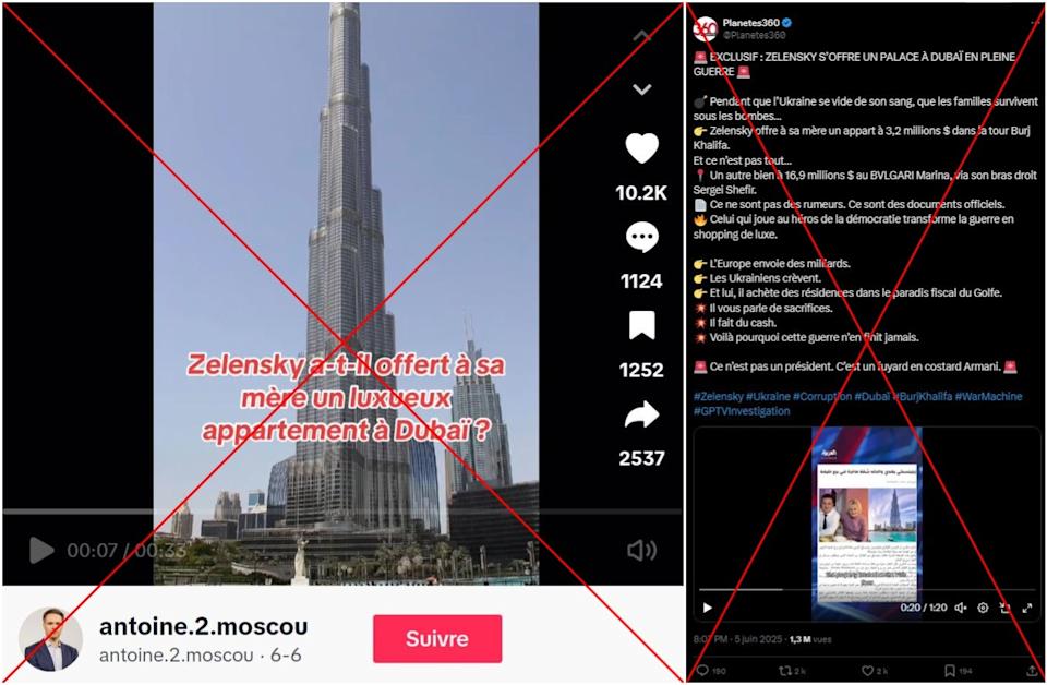<span>Captures d'écran prises sur TikTok (à gauche) et sur X (à droite). Croix rouges ajoutées par l'AFP.</span>