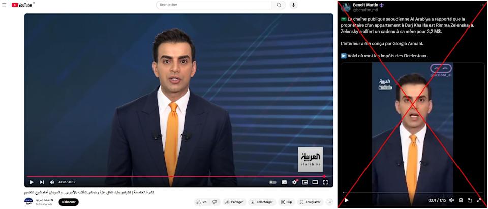 <span>Captures d'écran prises le 27/06/2025, comparant l'extrait originel d'Al-Arabiya sur YouTube (à gauche) et le reportage manipulé sur X (à droite). Croix rouge ajoutée par l'AFP.</span>