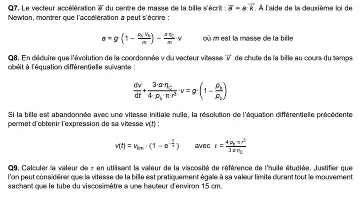 Capture d’écran de l’exercice 3, jugé le plus dur, intitulé : « Viscosimètre à chute de bille », noté sur 5 points.