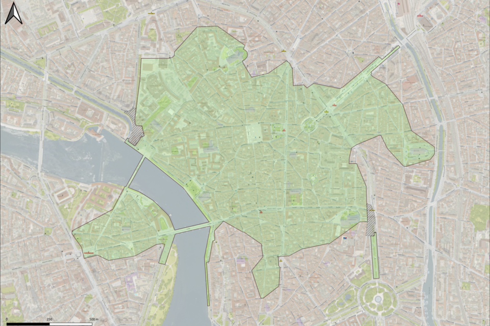 En vert, le secteur concerné par l'interdiction de circuler en centre-ville de Toulouse, à l'occasion de la fête de la musique, le samedi 21 juin 2025