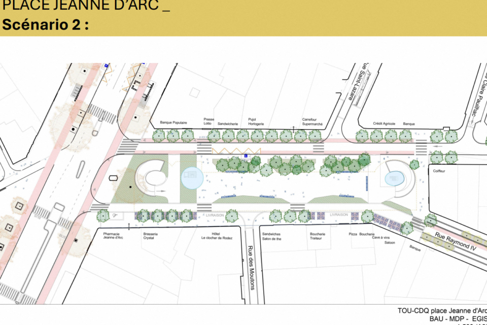Un des scénarios présentés pour la future place Jeanne-d'Arc le scénario 1.