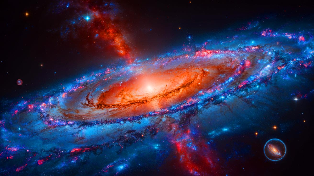 Illustration de la galaxie MoM-z14, la plus lointaine jamais observée. Image réalisée par IA.
