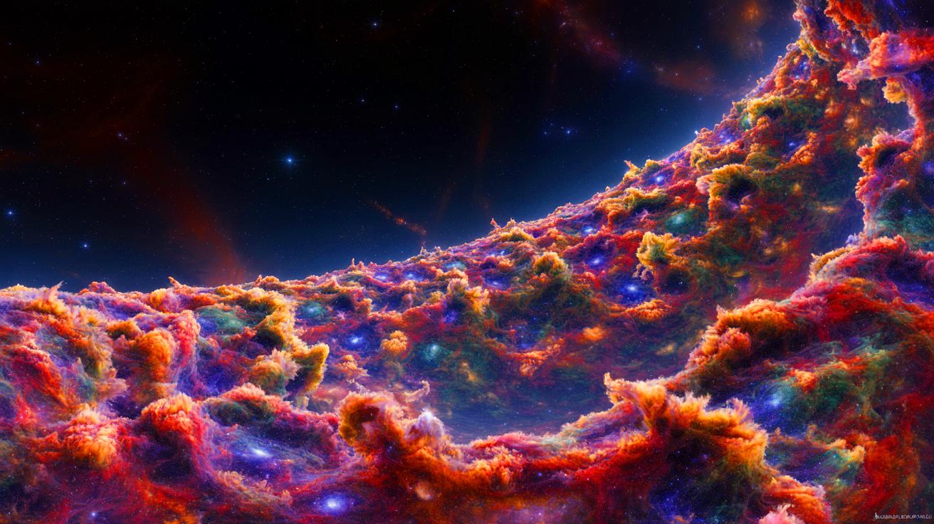 Illustration de la découverte du Grand Mur d'Hercule-Couronne Boréale défiant les modèles cosmologiques. Image réalisée par IA.