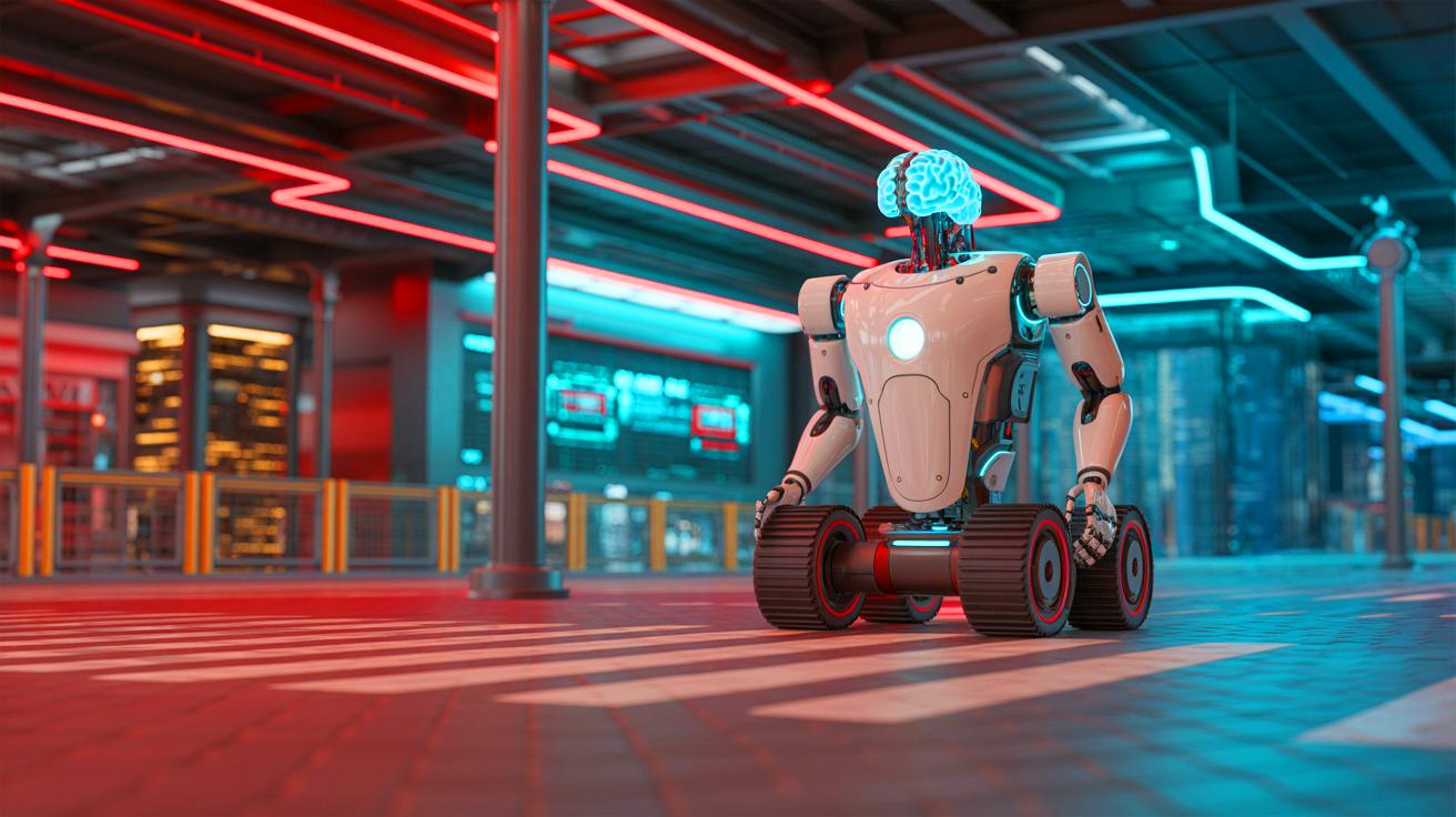 Illustration de robots naviguant grâce à un système inspiré du cerveau humain. Image réalisée par IA.