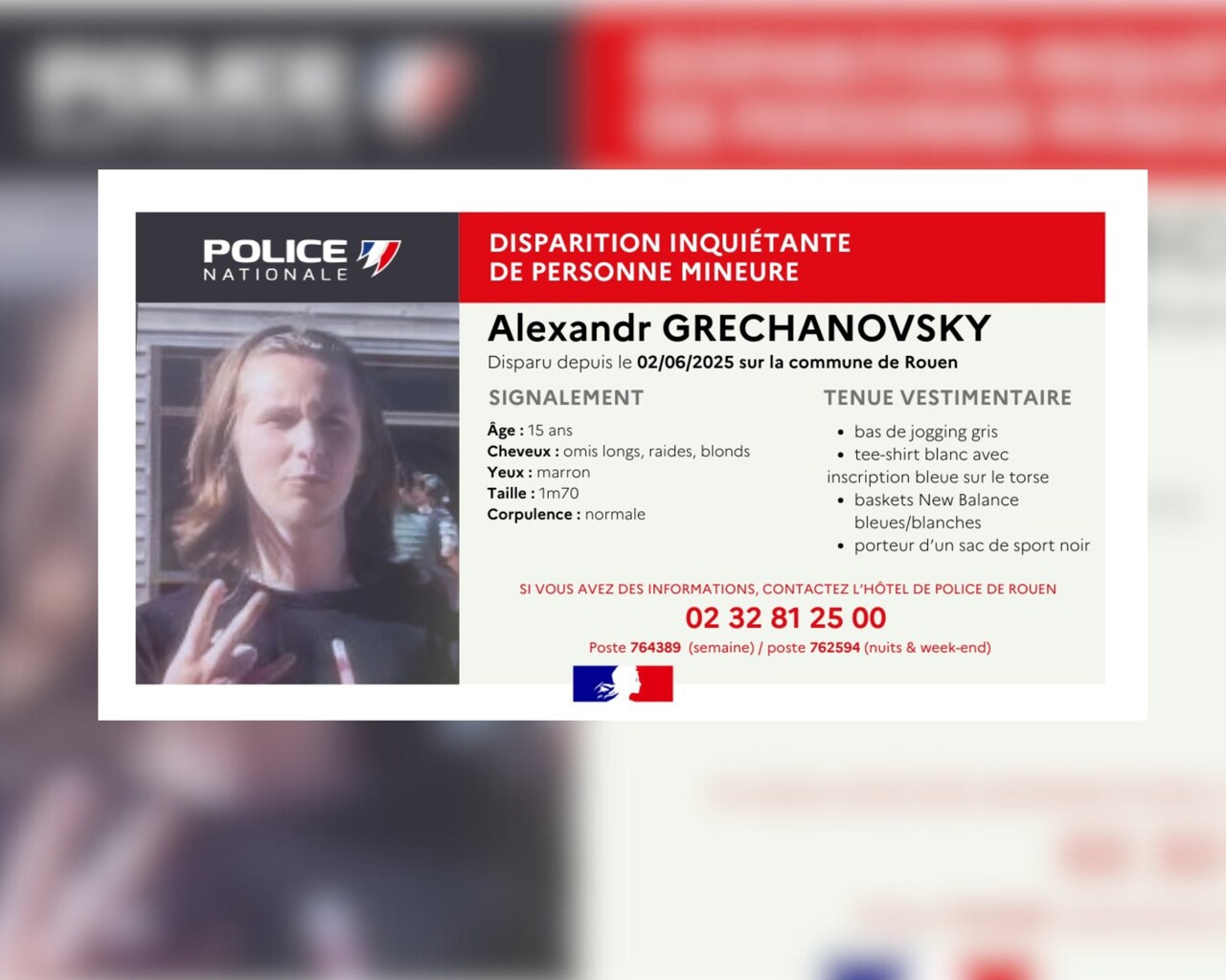 Disparition inquiétante d'un ado de 15 ans à Rouen : avez-vous vu Alexandr ?