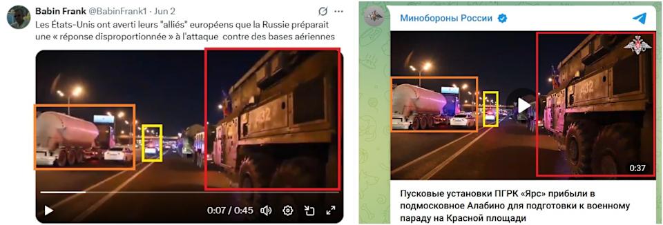 <span>Comparaison entre les images devenues récemment virales sur les réseaux sociaux (à gauche) et celles diffusées en février 2024 par le ministère russe de la Défense (à droite). Encadrés colorés ajoutés par l'AFP.</span>
