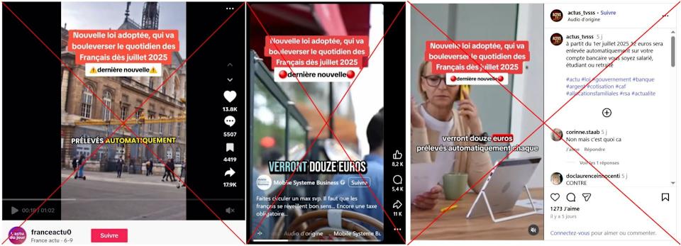 <span>Captures d'écran prises sur TikTok, Facebook et Instagram le 20/06/2025, croix rouges ajoutées par l'AFP.</span>