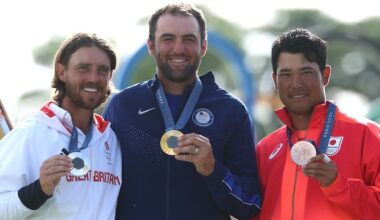 GOLF-PARIS-2024-JEUX-OLYMPIQUES-SCOTTIE-SCHEFFLER-TOMMY-FLEETWOOD-HIDEKI-MATSUYAMA Photo Emmanuel DUNAND / AFP