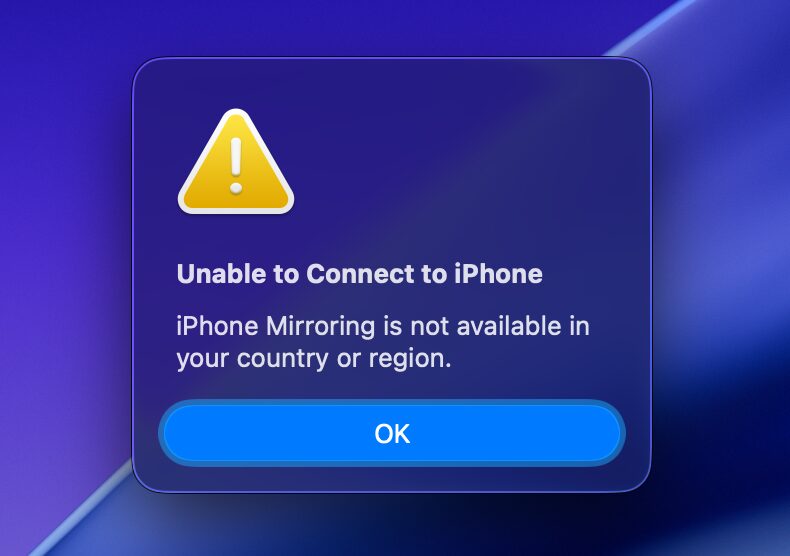 iPhone Mirroring a un nouveau logo avec macOS 26, mais ne démarre pas en France.