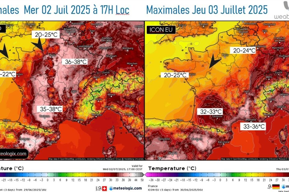 Les températures prévues en France mercredi 2 juillet et jeudi 3 juillet 2025. 
