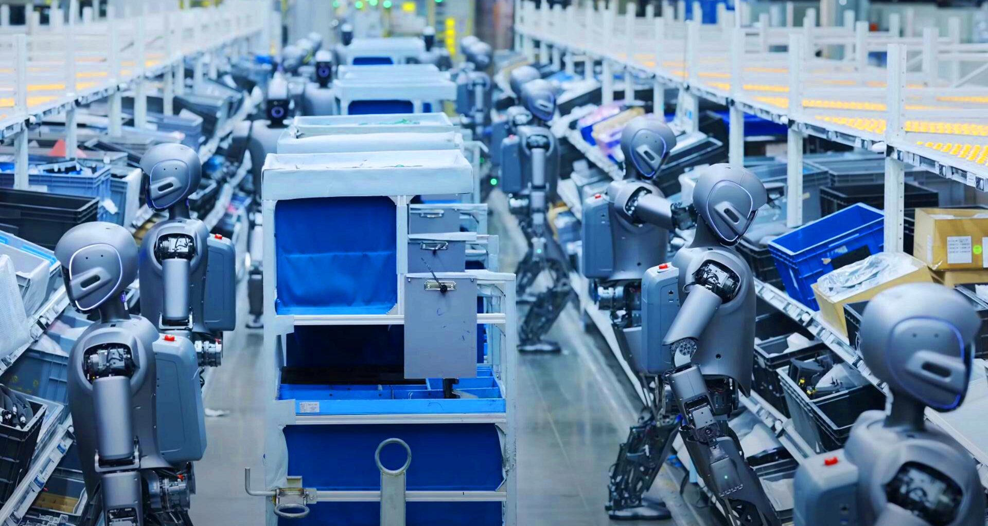 Illustration de robots humanoïdes travaillant dans une usine intelligente en Chine.