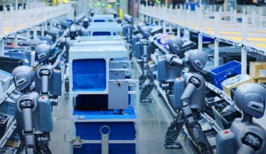 Illustration de robots humanoïdes travaillant dans une usine intelligente en Chine.