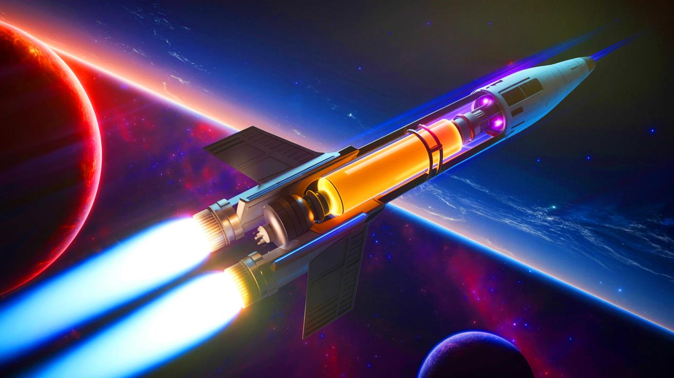 Illustration de la propulsion nucléaire thermique utilisant de l'uranium liquide pour l'exploration spatiale. Image réalisée par IA.