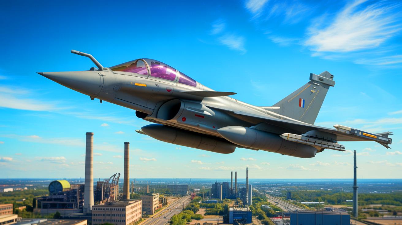 Illustration de la montée en puissance de l'industrie de la défense française à travers un avion Rafale. Image réalisée par IA.
