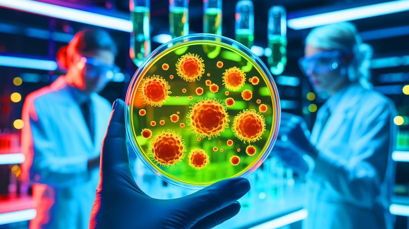 Illustration de la transformation du champignon Aspergillus flavus en traitement potentiel contre la leucémie. Image réalisée par IA.