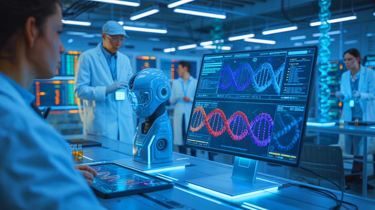 Illustration de l'analyse de l'ADN par le modèle AlphaGenome de Google. Image réalisée par IA.