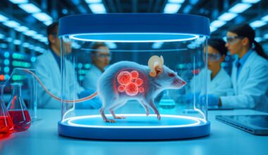 Illustration de cellules humaines cultivées dans des organes de souris pour des recherches sur la transplantation. Image réalisée par IA.