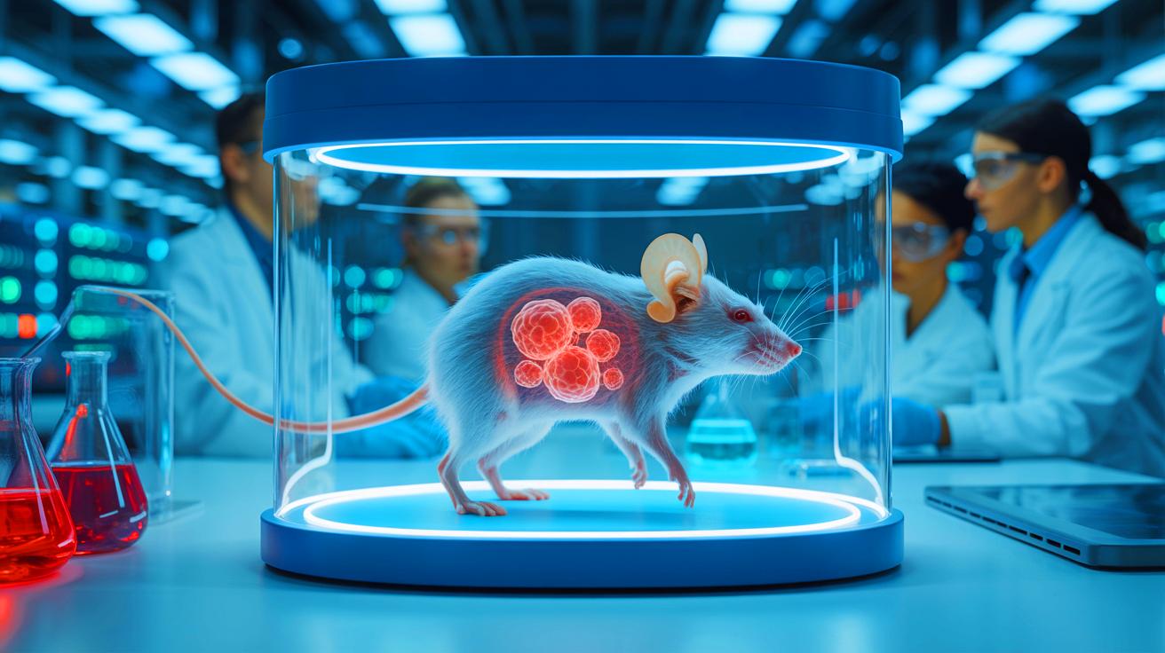 Illustration de cellules humaines cultivées dans des organes de souris pour des recherches sur la transplantation. Image réalisée par IA.