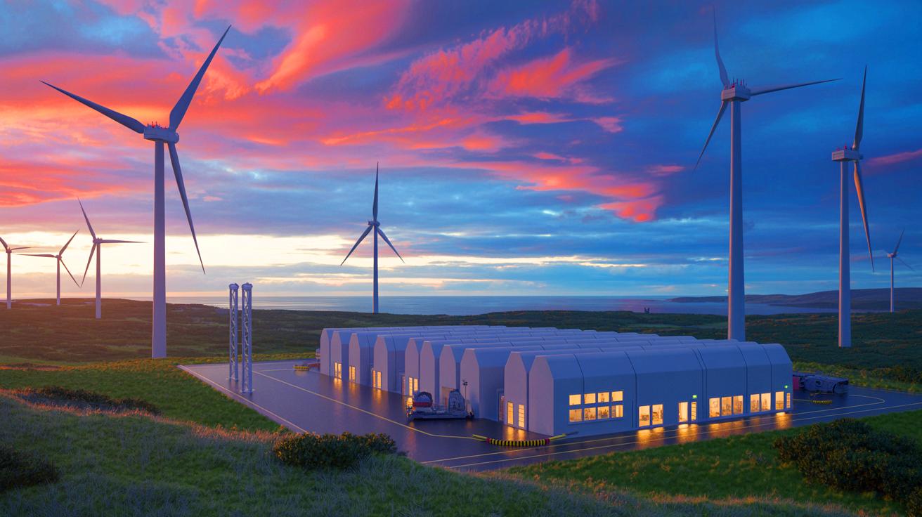 Illustration de l'usine de turbines chinoise Mingyang en Écosse, au cœur des enjeux géopolitiques et sécuritaires. Image réalisée par IA.